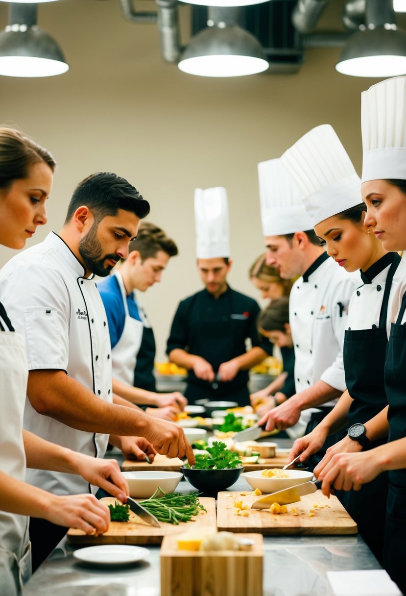 A couple stands side by side at a cooking class, each focused on their own cutting board and ingredients, surrounded by other students and a chef instructor