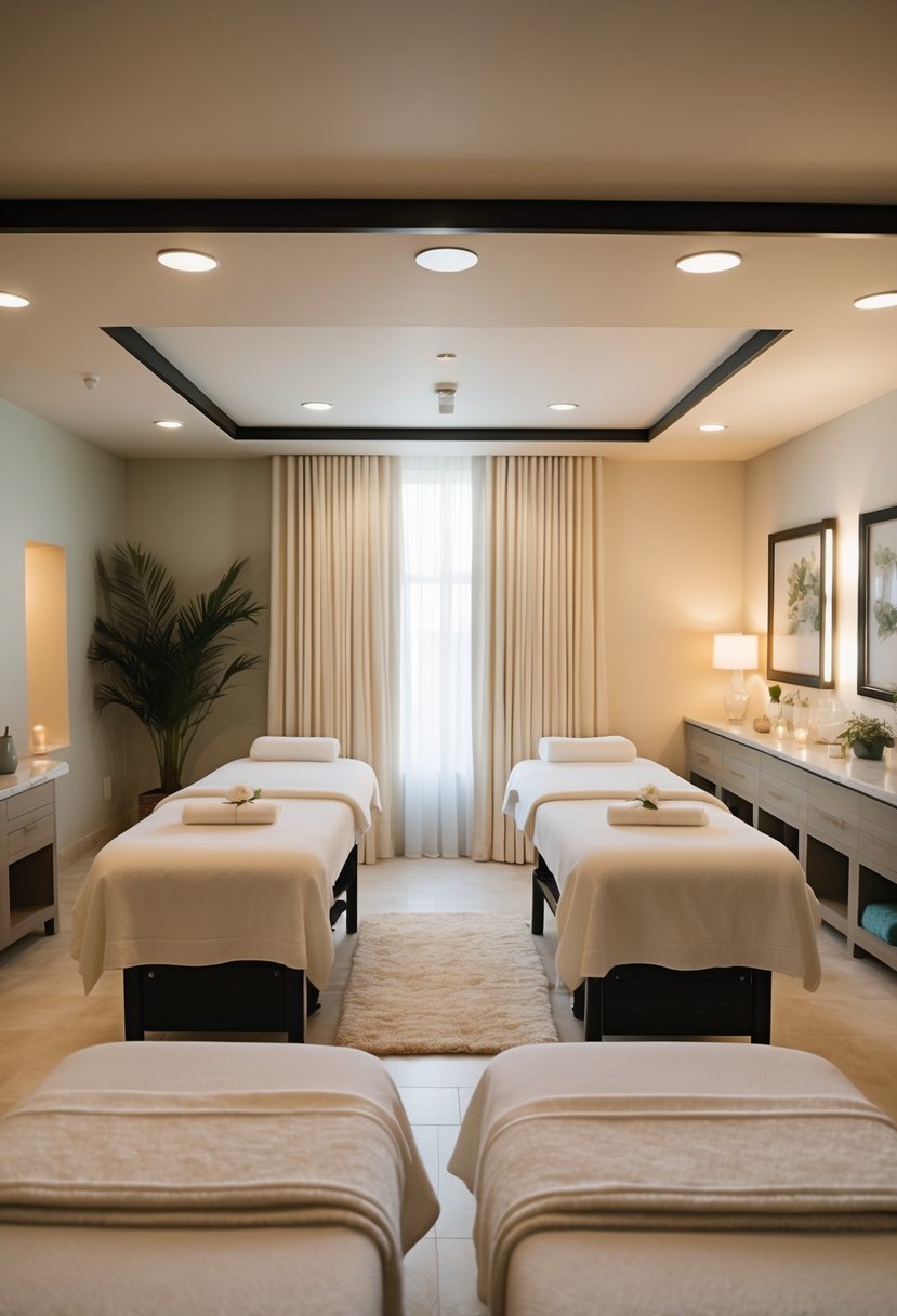 A serene spa with couples' massage tables, soft lighting, and relaxing decor for a 65th wedding anniversary celebration