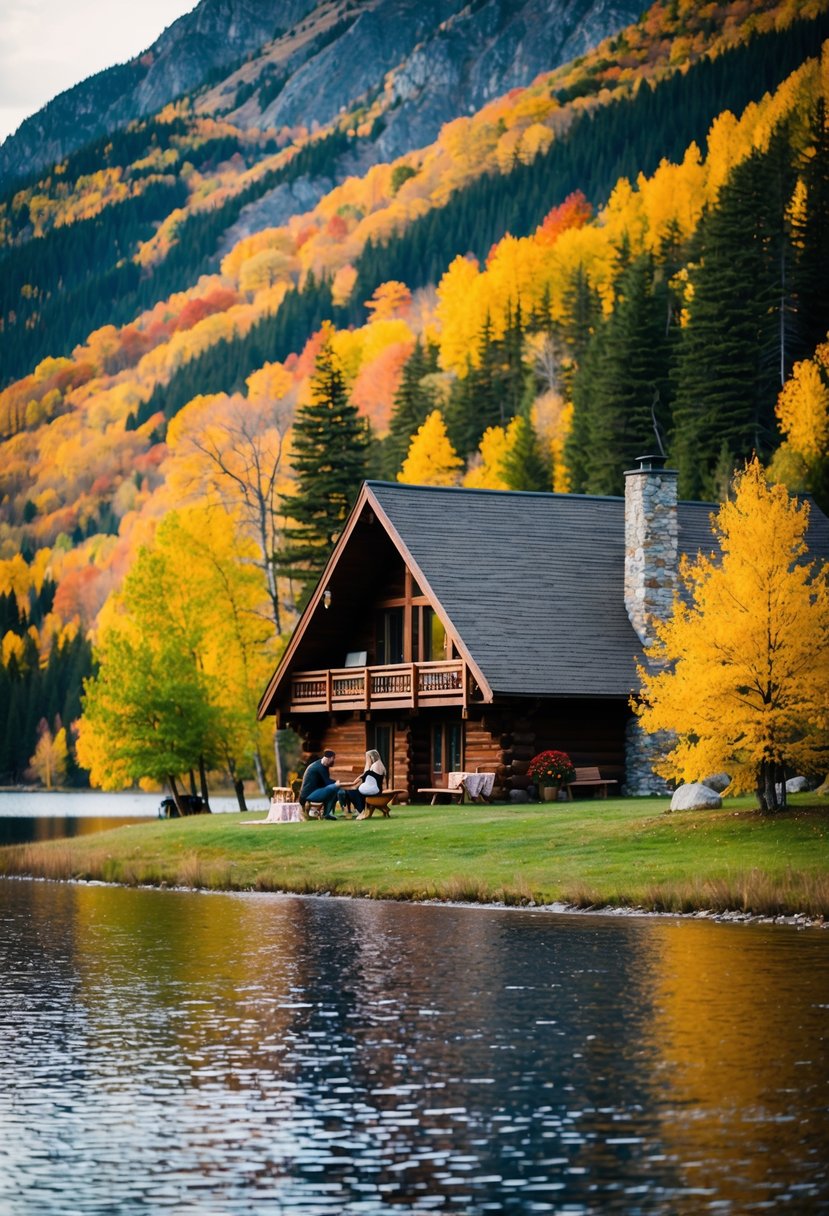 A cozy cabin nestled in the mountains, surrounded by colorful autumn foliage and a peaceful lake. A couple enjoys a romantic picnic by the water's edge