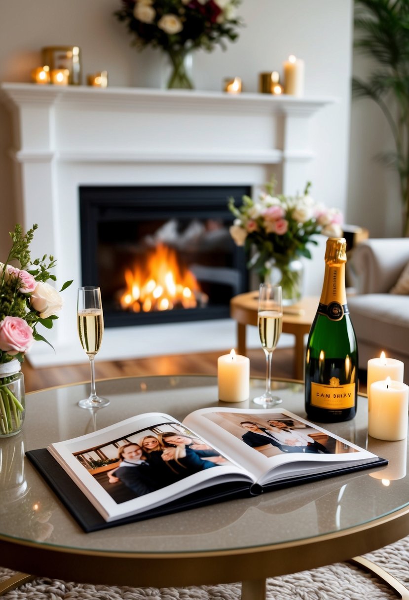 A cozy living room with a fireplace, a bottle of champagne, and a photo album open on a coffee table surrounded by candles and flowers