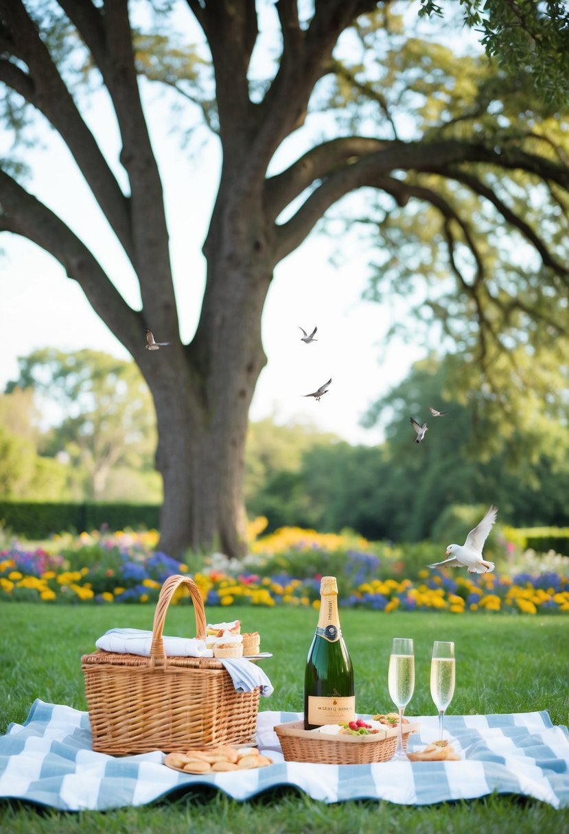 A picnic blanket spread under a towering oak tree, surrounded by colorful flowers and chirping birds. A wicker basket filled with delicious treats and a bottle of champagne on ice