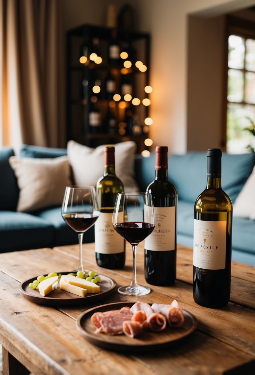 A cozy living room with a rustic wooden table set with wine glasses, bottles, and charcuterie. Soft lighting and a warm atmosphere create an intimate setting for a private wine tasting