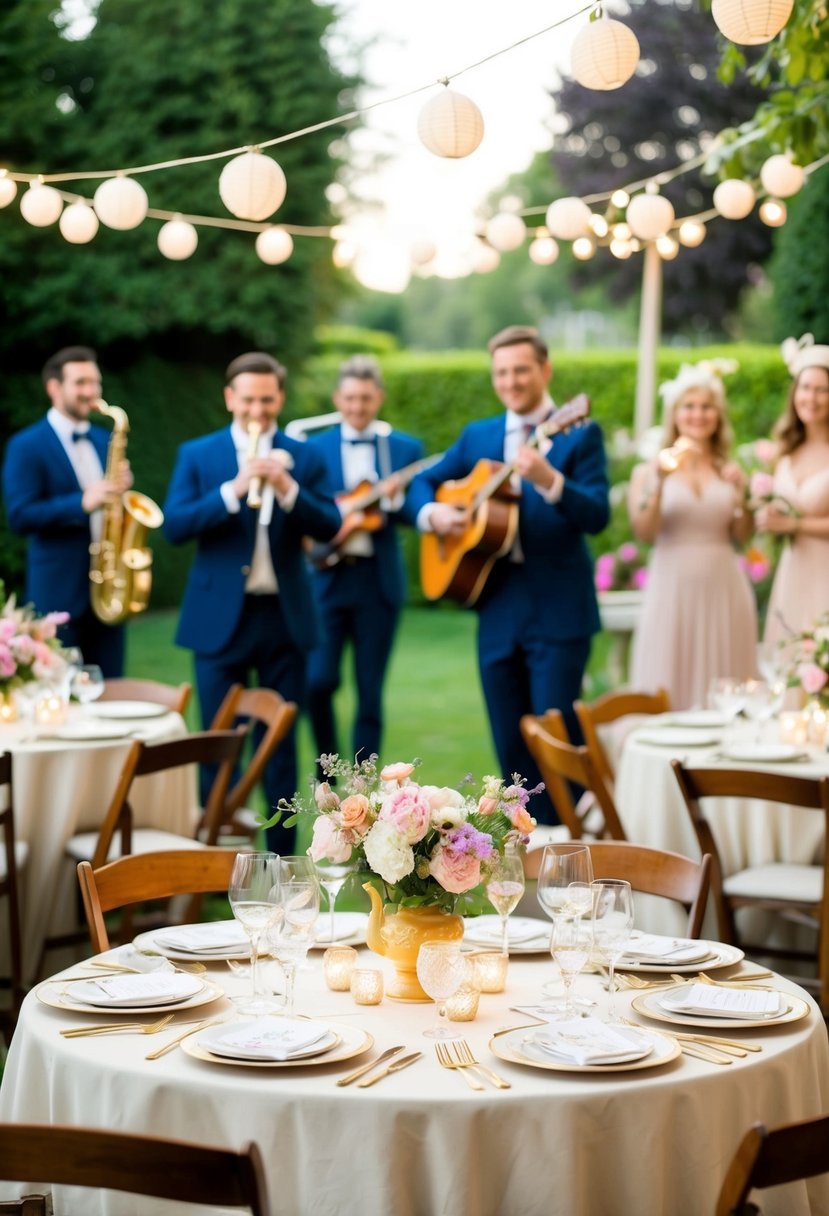 A festive garden party with a vintage theme, featuring elegant table settings, floral decorations, and a live band playing romantic music