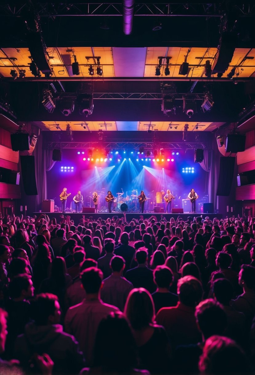 A lively crowd fills a dimly lit concert hall, with colorful lights and a stage set for a live band performance