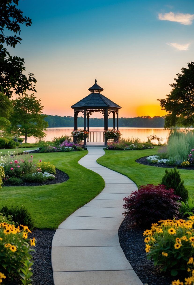 A serene garden with a winding path leading to a gazebo adorned with flowers, overlooking a tranquil lake at sunset