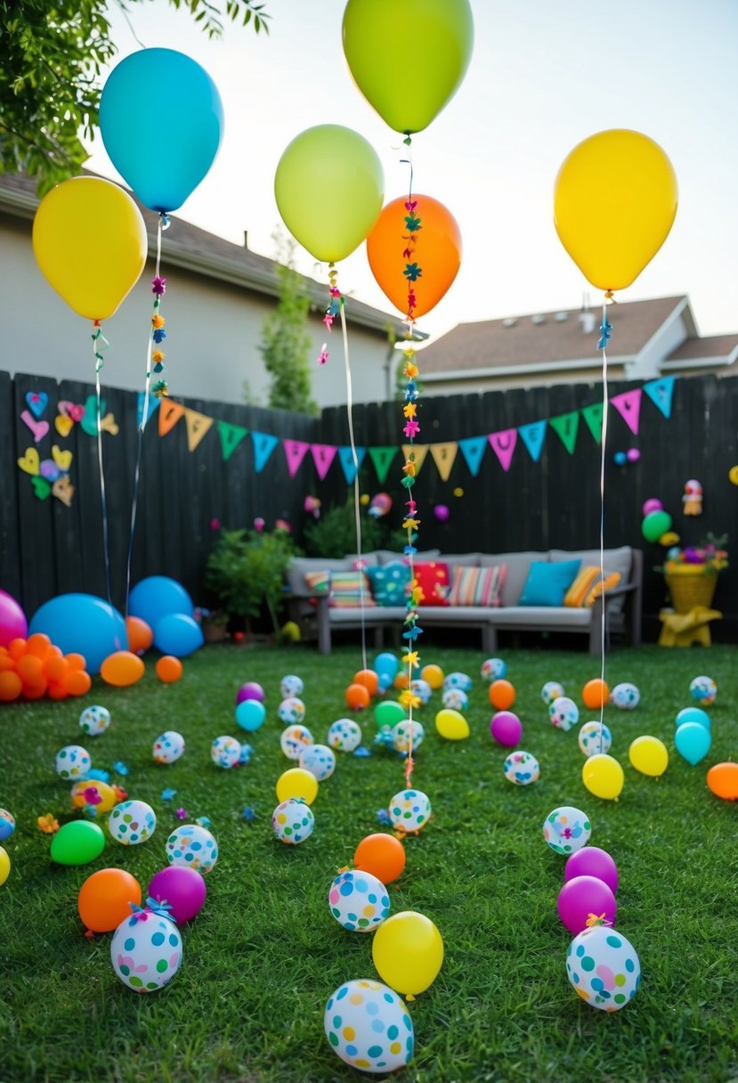 A backyard filled with hidden clues, balloons, and homemade decorations for a DIY scavenger hunt