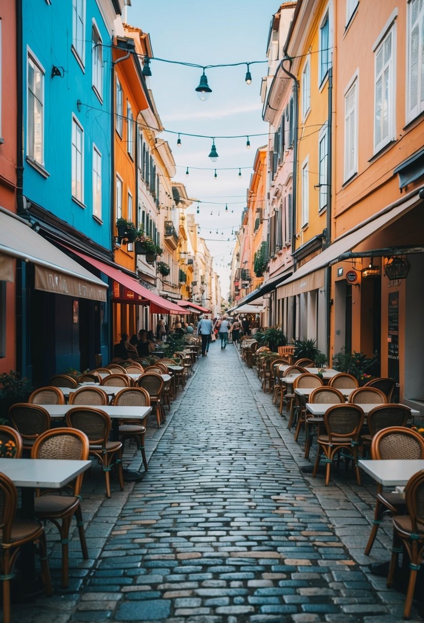 A bustling city street lined with colorful buildings, outdoor cafes, and cobblestone pathways, with a mix of old and modern architecture, and a vibrant atmosphere