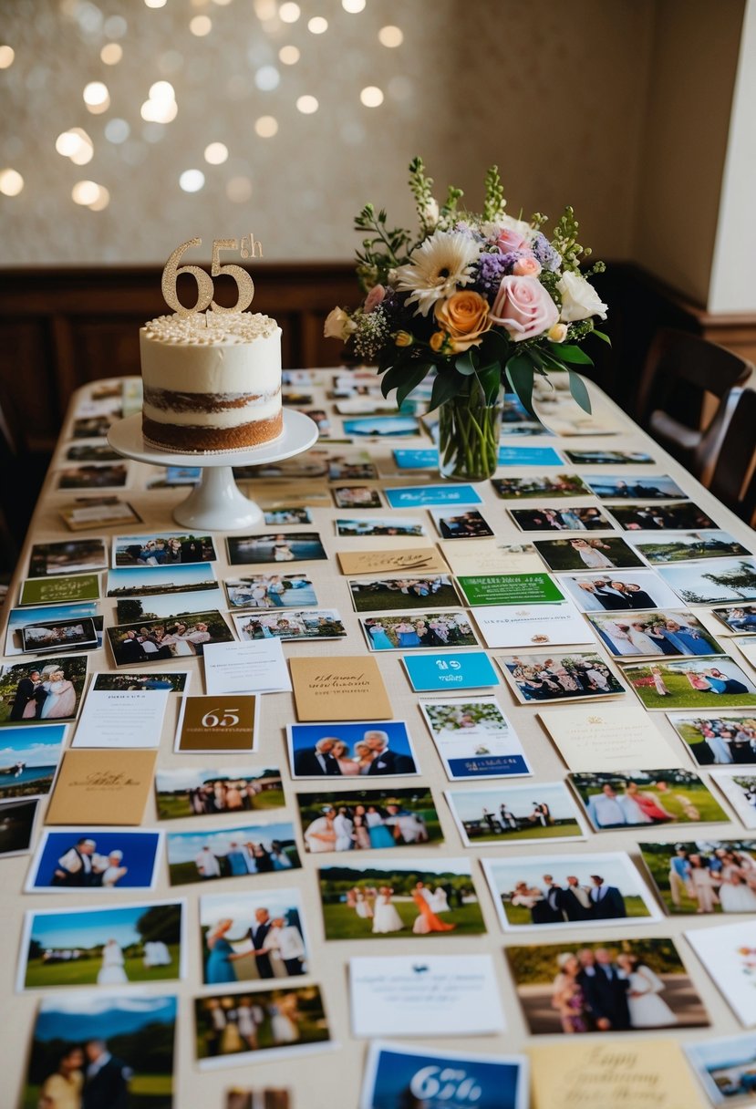 A table covered in photos, cards, and mementos from a 65th wedding anniversary celebration. A cake with "65" topper and a vase of flowers complete the scene