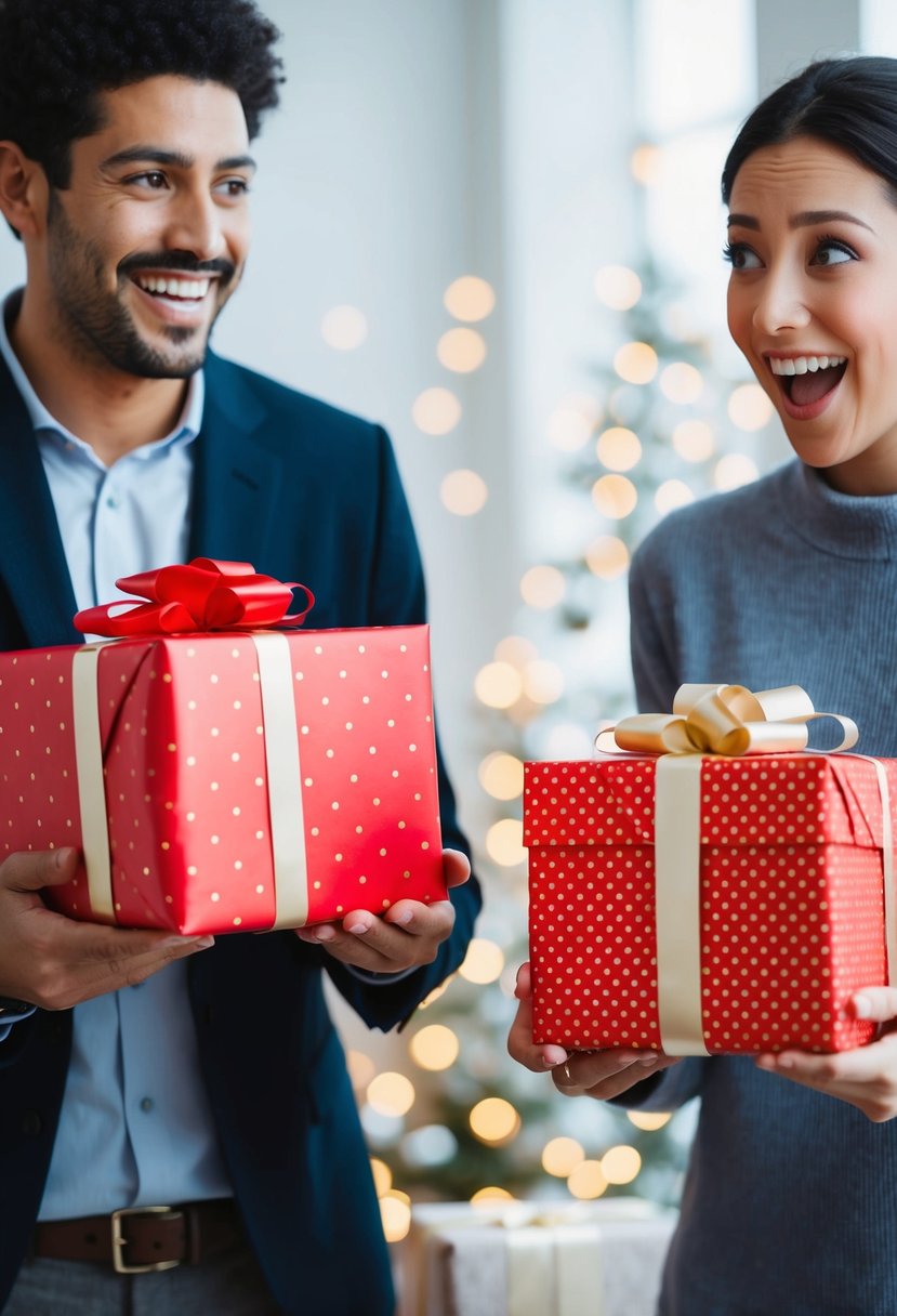 Two gift-wrapped packages exchanged between two individuals. A look of excitement and surprise on their faces as they open the presents