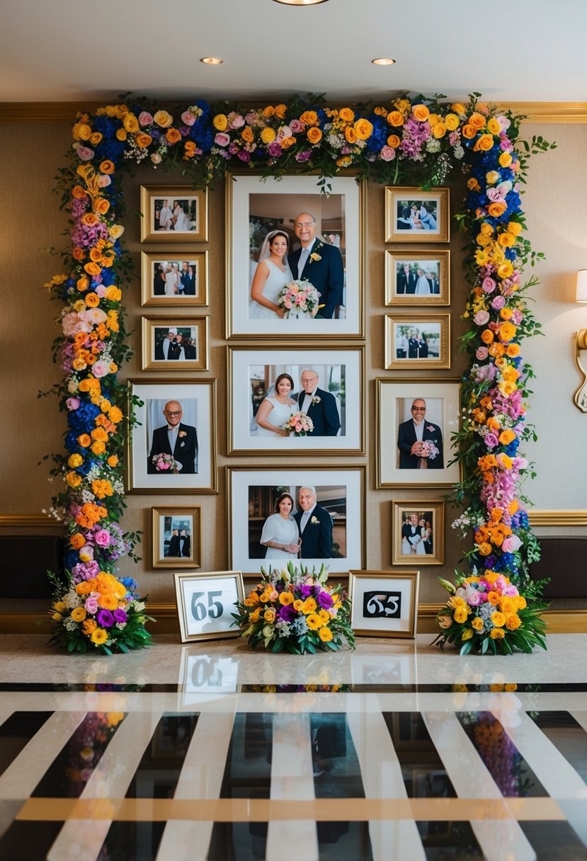 The room is adorned with an array of colorful flowers and framed photos, celebrating 65 years of marriage