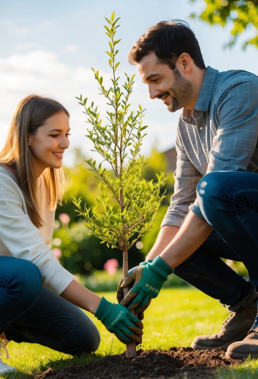 A couple planting a small tree together in a sunny garden