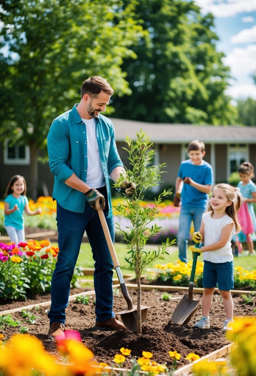 A couple planting trees in a community garden, surrounded by colorful flowers and happy children playing