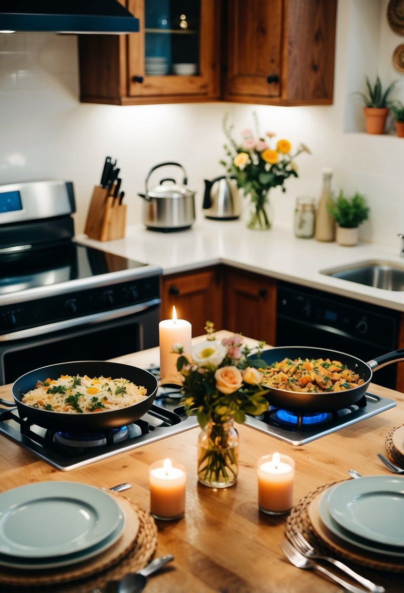 A cozy kitchen with two stovetops, each cooking a different meal. A table set for two with candles and flowers