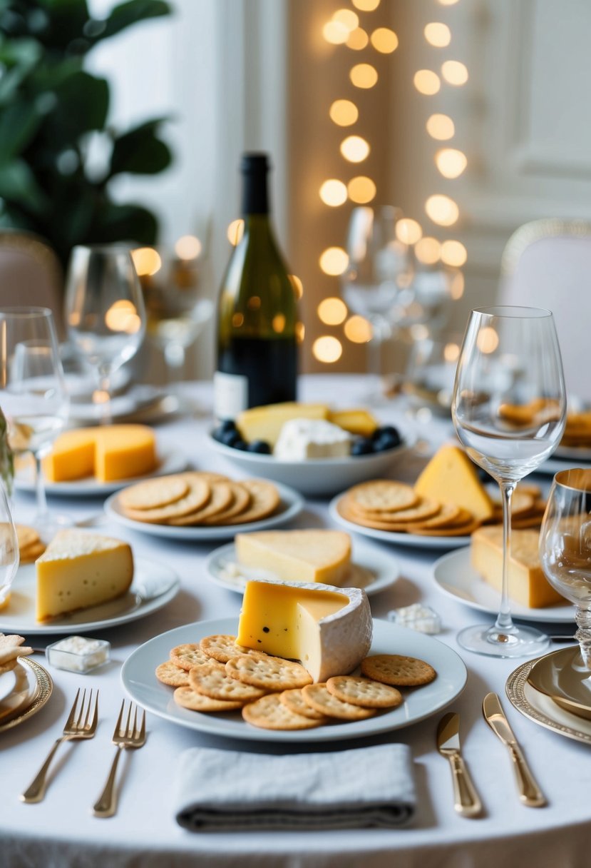 A table set with an assortment of cheeses, crackers, and wine glasses, surrounded by elegant decorations and soft lighting