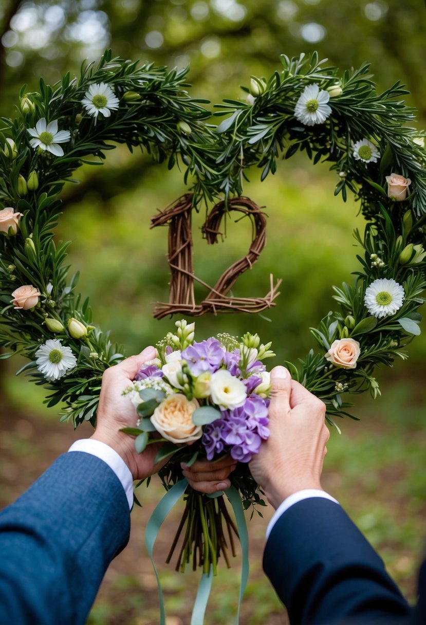 A couple's hands holding a bouquet of flowers, surrounded by a heart-shaped wreath made of greenery and flowers, with a "12" made of twigs in the center