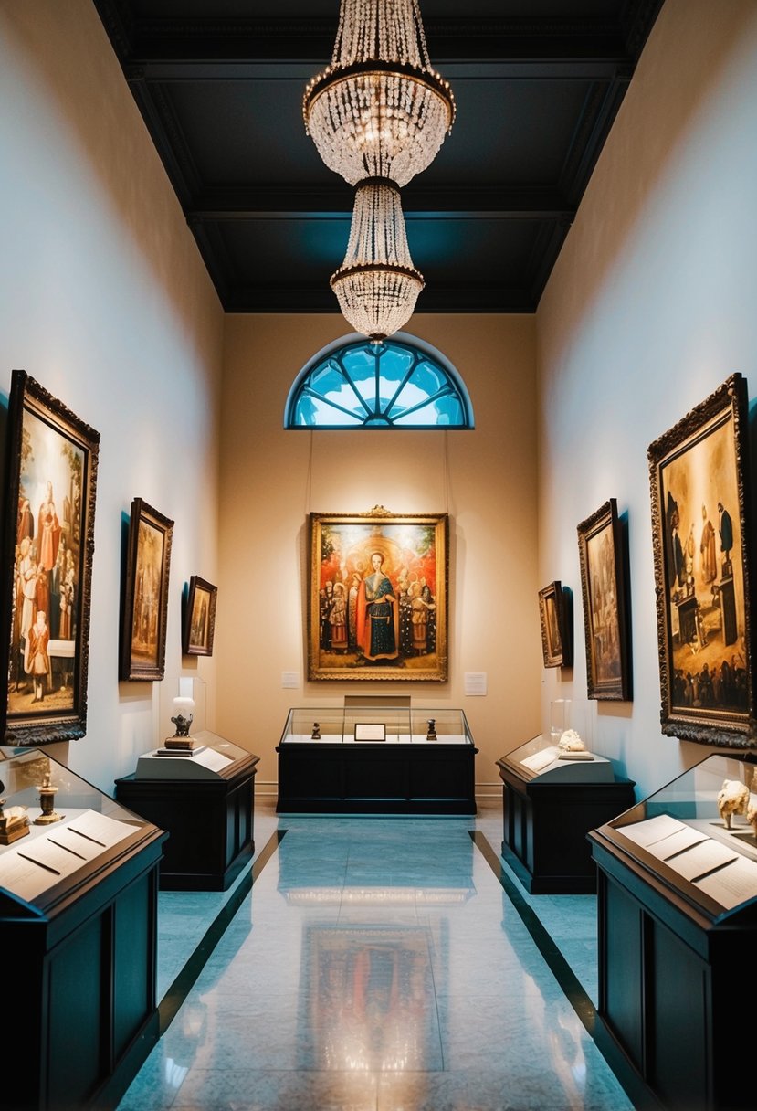 A museum with elegant displays of historical artifacts and colorful paintings