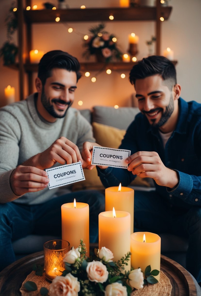 A couple exchanging personalized coupons in a cozy living room setting, surrounded by candles and flowers, with a warm and loving atmosphere