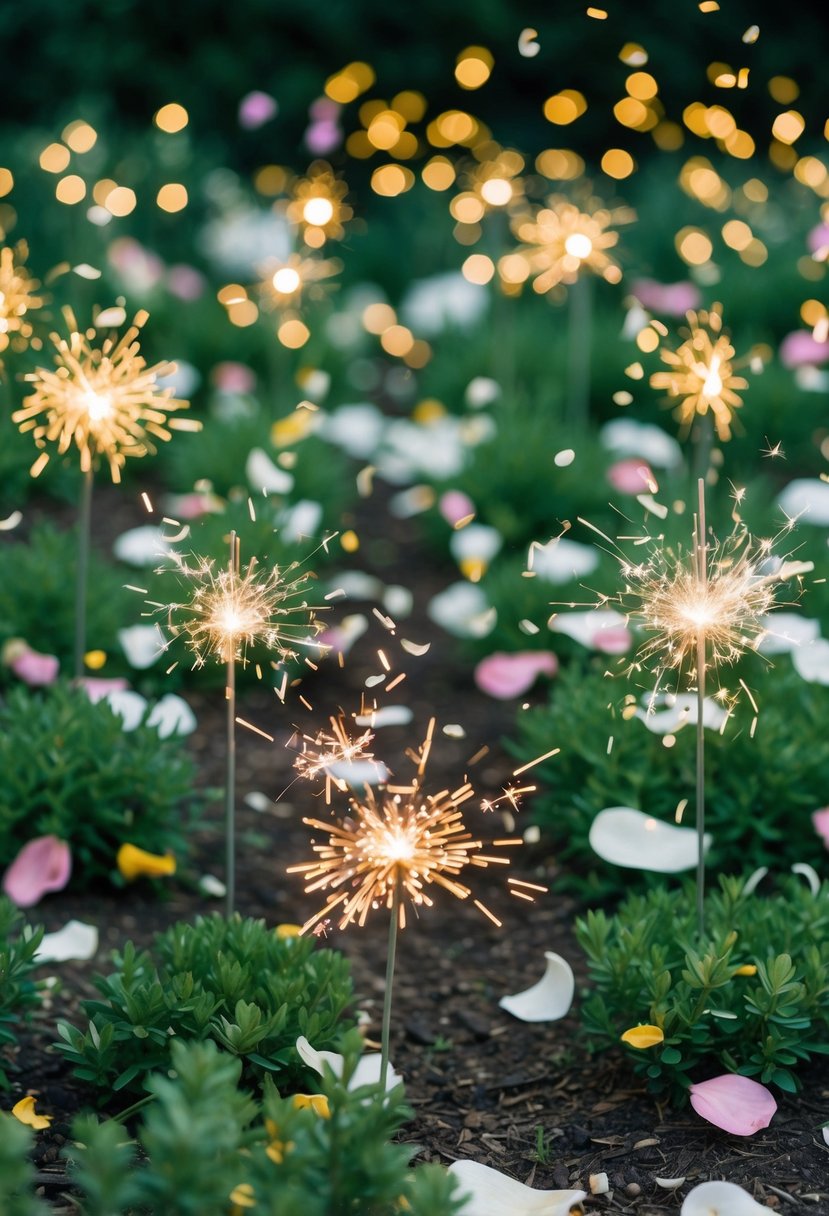 A garden filled with biodegradable confetti, flower petals, and eco-friendly sparklers for a sustainable wedding send-off