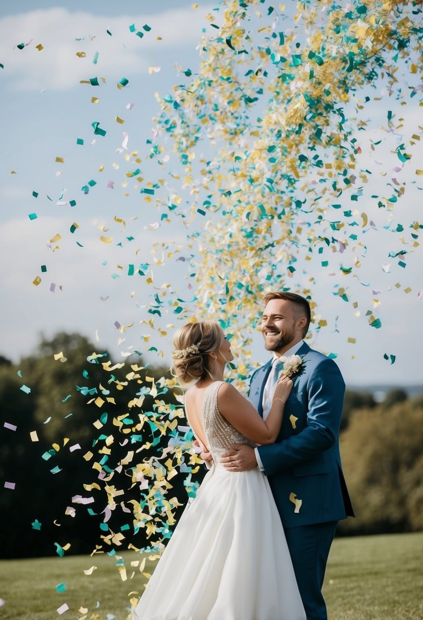 Colorful biodegradable confetti swirls through the air, creating a festive and eco-friendly wedding send-off