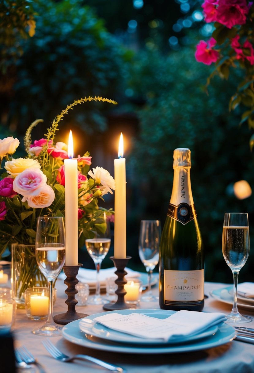 A cozy candlelit dinner for two in a romantic garden setting, with a table adorned with flowers and a bottle of champagne on ice