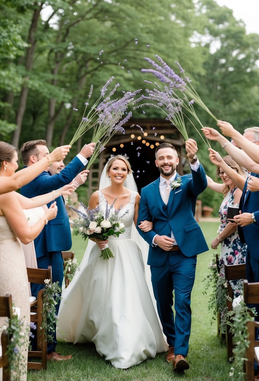 A rustic wedding exit, guests toss lavender in the air, creating a fragrant and eco-friendly send-off for the newlyweds