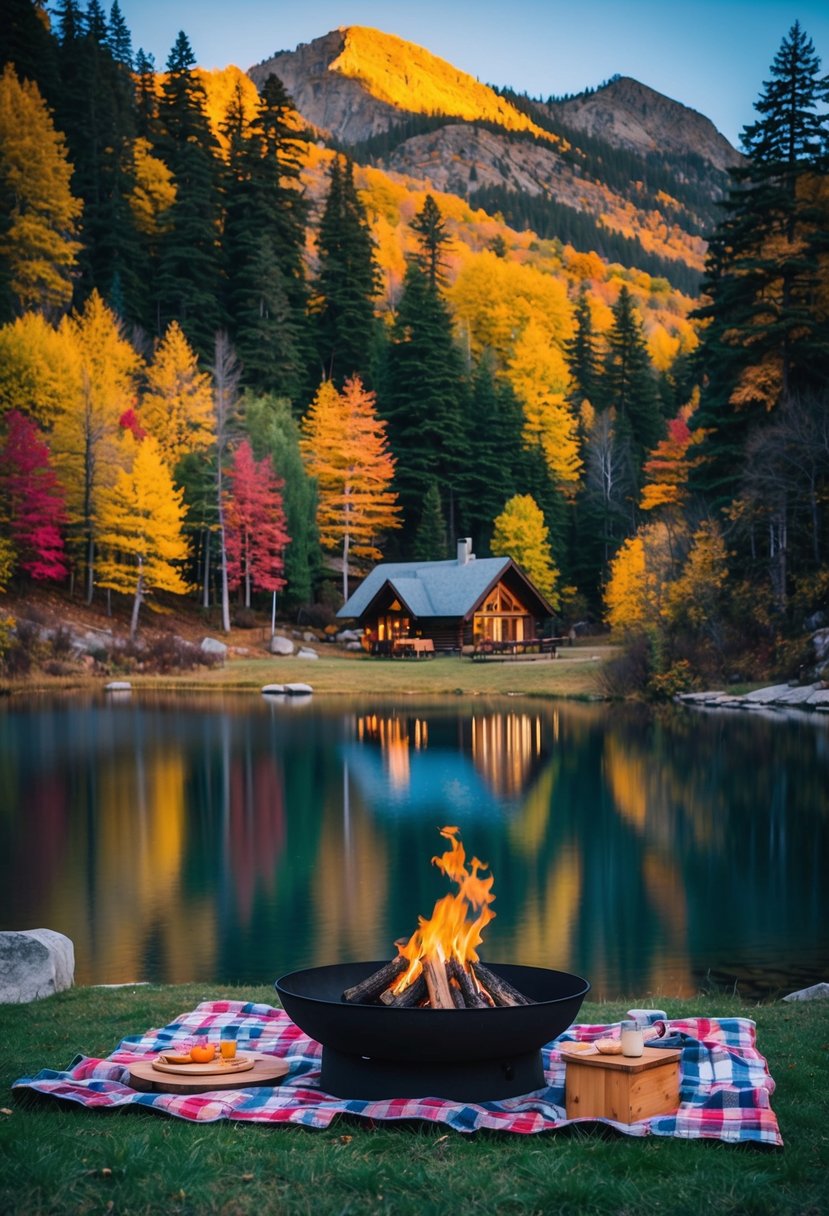 A cozy cabin nestled in the mountains, surrounded by colorful autumn foliage and a serene lake, with a crackling fire pit and a picnic set up for two