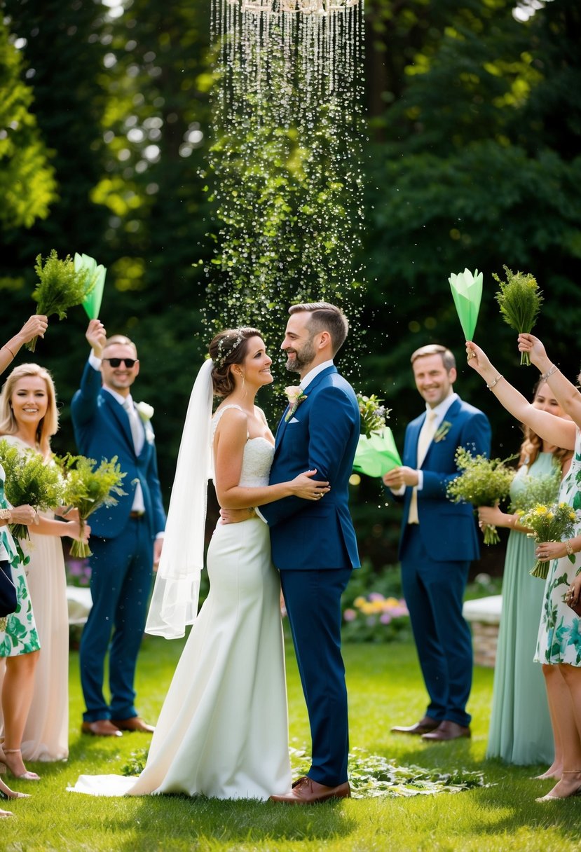 A wedding couple stands under a shower of fresh herbs, surrounded by eco-friendly decorations and guests waving eco-friendly materials