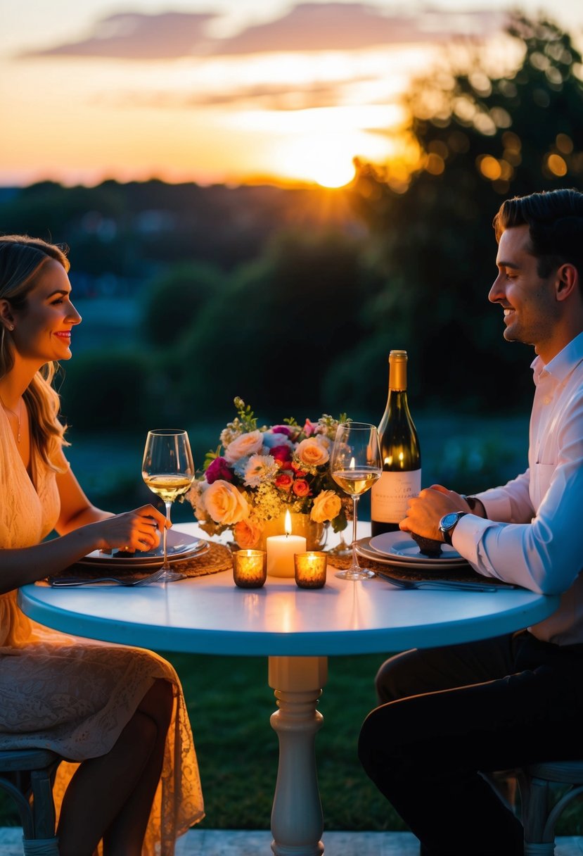 A couple sits at a candlelit table, surrounded by flowers and a bottle of wine. The sunset casts a warm glow on the scene