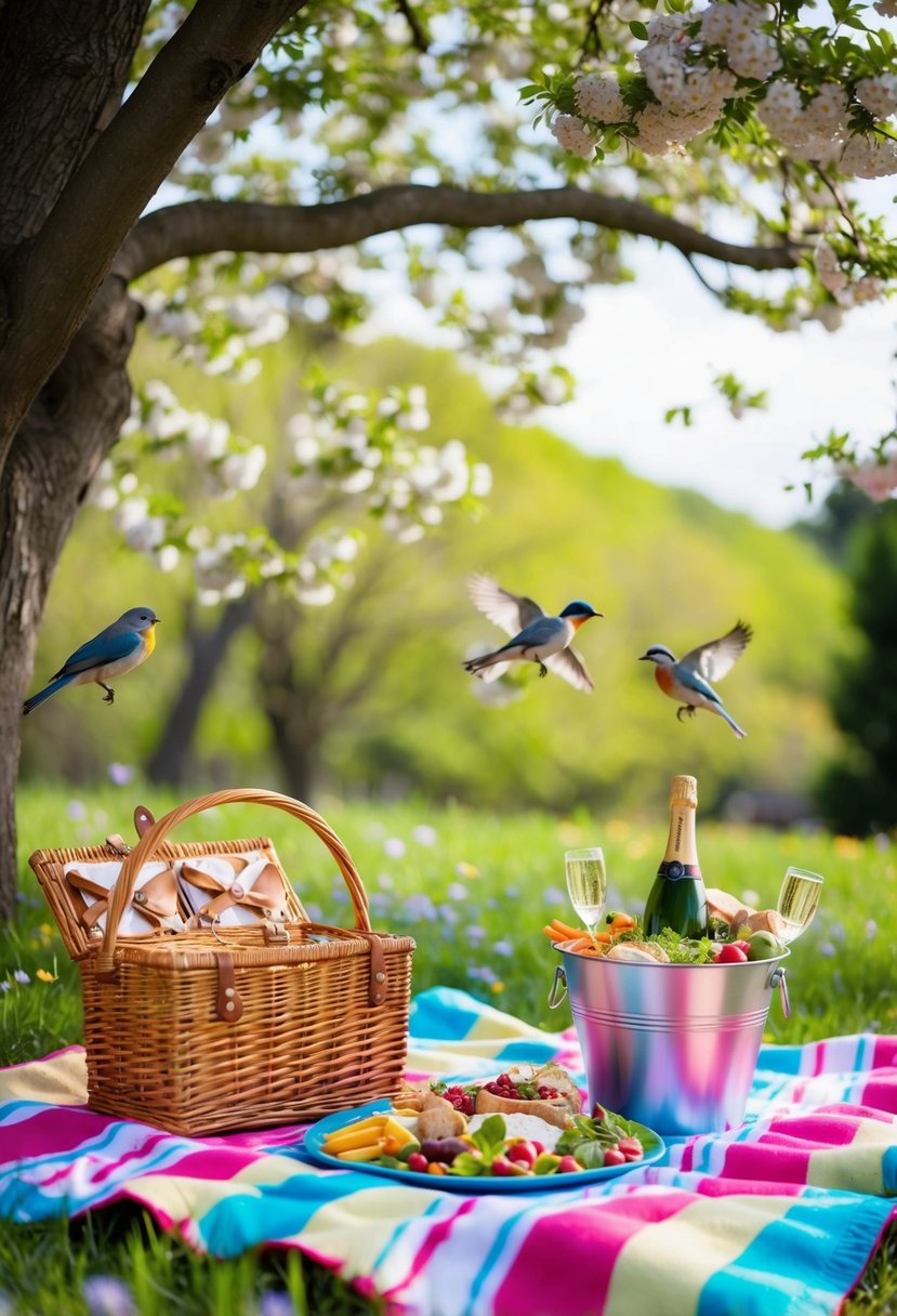 A colorful picnic blanket spread under a shady tree, surrounded by blooming flowers and chirping birds. A wicker basket filled with delicious food and a bottle of champagne chilling in a bucket