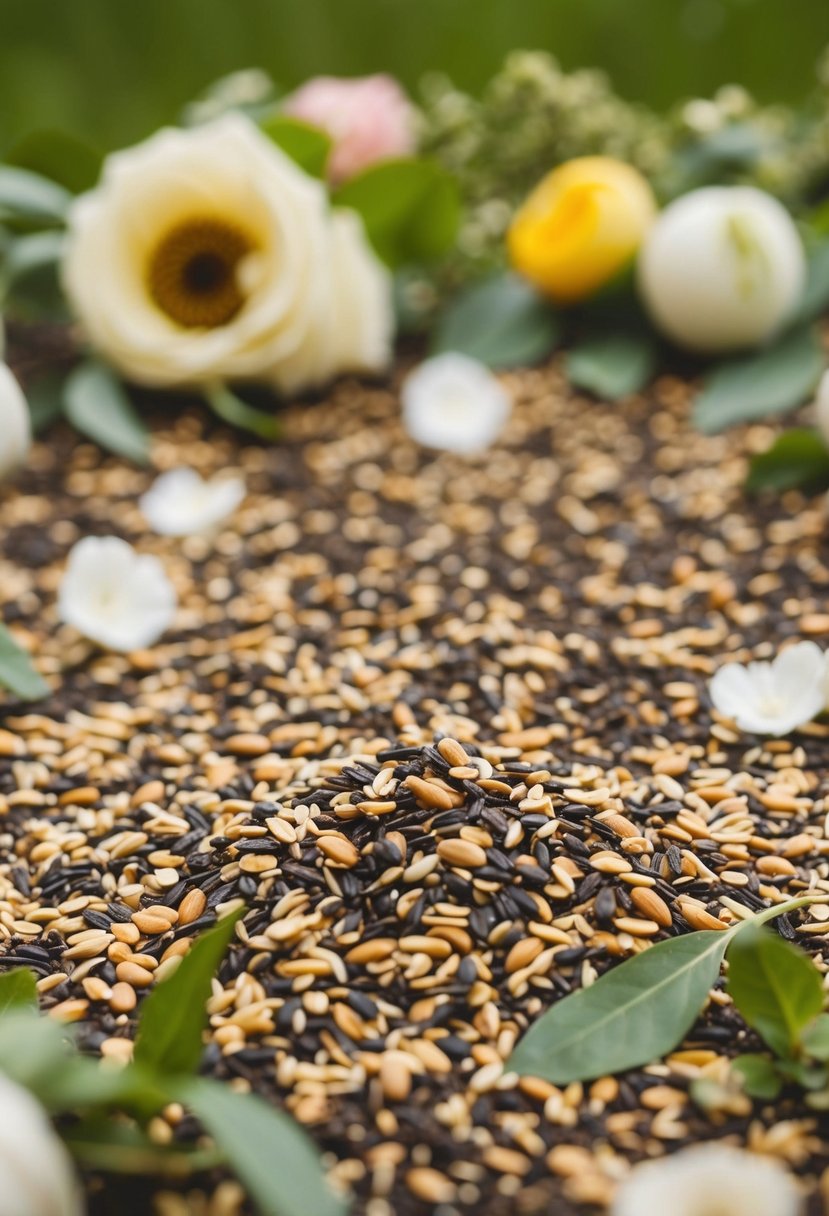 Birdseed sprinkled on the ground, surrounded by eco-friendly wedding decorations