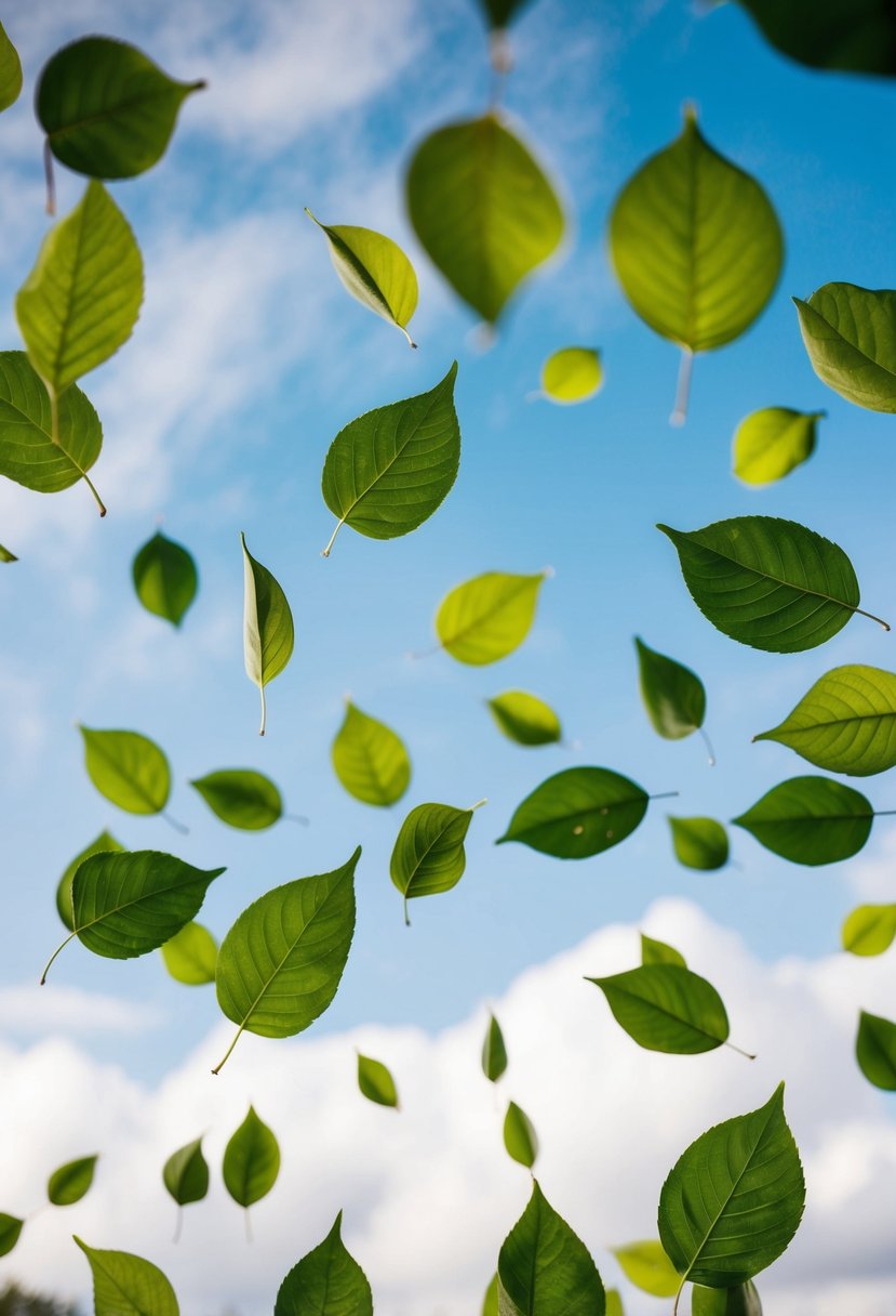 Fresh green leaves falling from the sky, creating a natural and eco-friendly wedding send-off