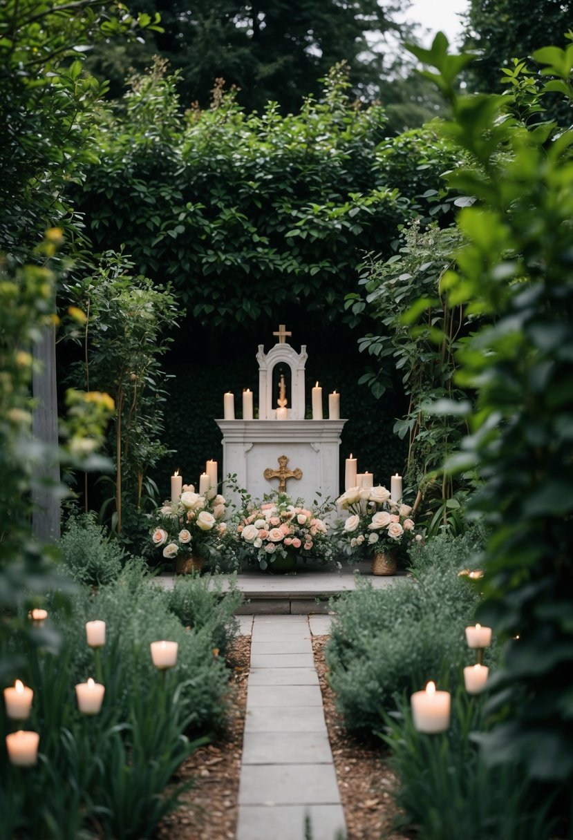 A secluded garden with a small altar adorned with flowers and candles, surrounded by lush greenery and a peaceful atmosphere