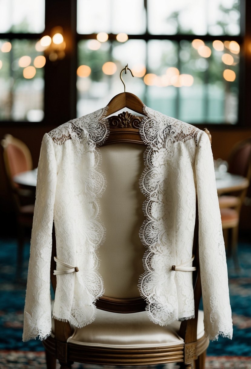 A lace wedding dress jacket draped over a vintage chair