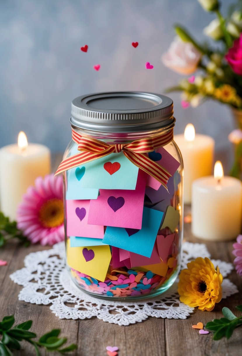 A glass jar filled with colorful notes, tied with ribbons and heart-shaped confetti, sits on a lace doily surrounded by flowers and candles