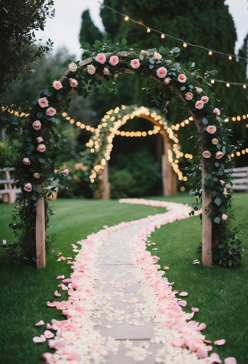 A winding path of rose petals leading to a rustic archway, surrounded by lush greenery and twinkling fairy lights