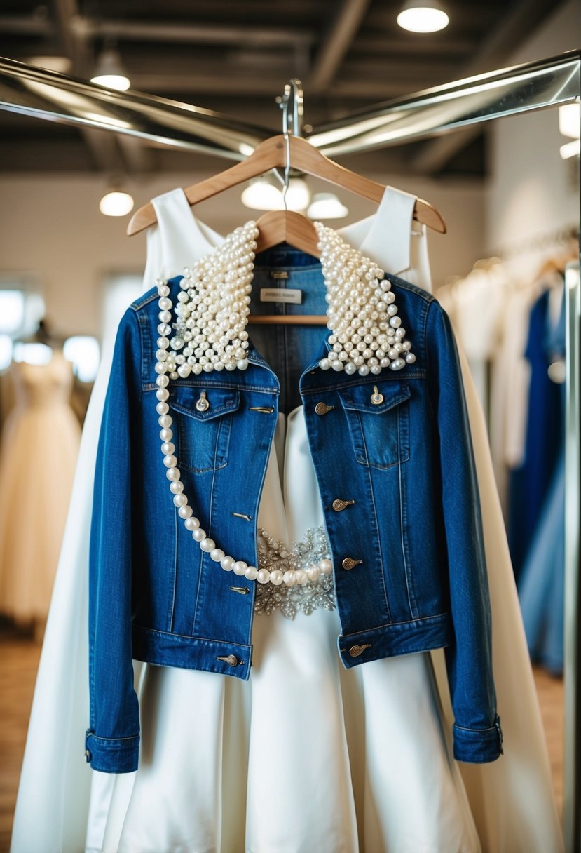 A jean jacket adorned with pearls, draped over a white wedding dress on a hanger