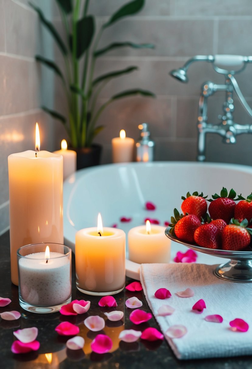 A serene bathroom with candles, rose petals, and bath salts. A tray of champagne and strawberries sits nearby