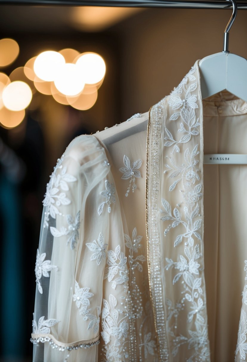 A lace sheer-sleeved jacket draped over a hanger, with delicate embroidery and beading catching the light