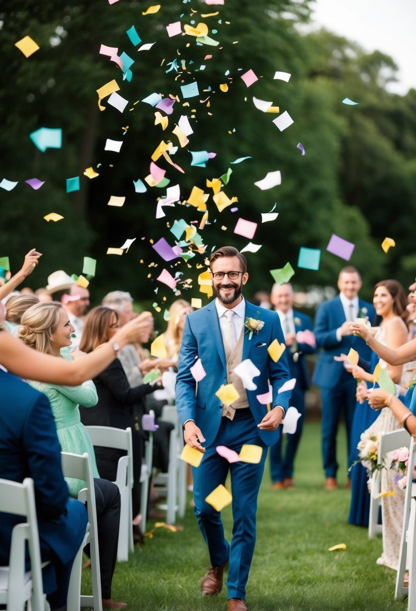 Colorful recycled paper confetti swirling through the air at an eco-friendly wedding send-off