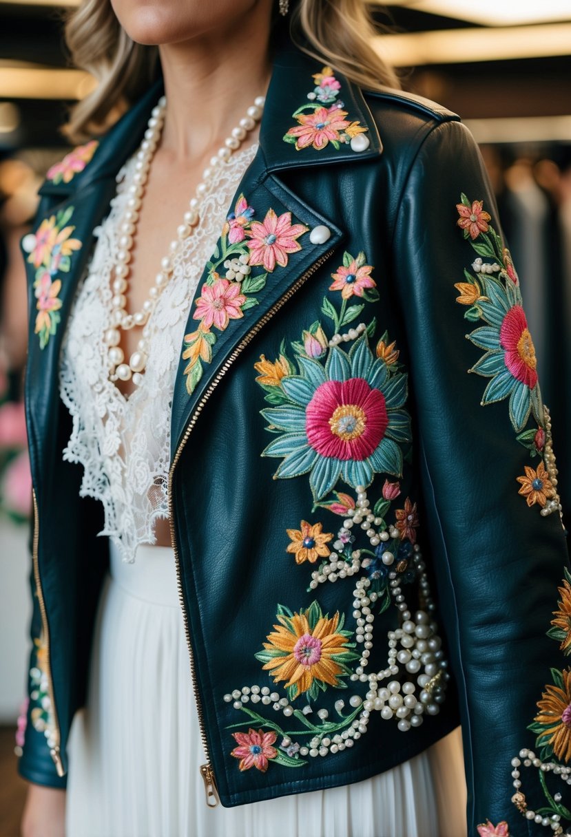 A leather jacket adorned with intricate floral designs in vibrant colors, accented with delicate lace and pearls