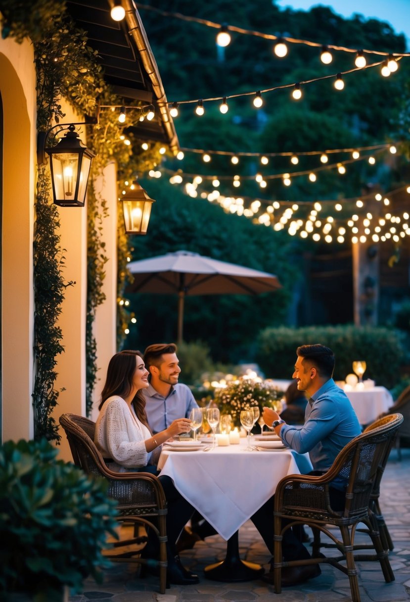 A cozy, candlelit bistro with a charming outdoor patio, surrounded by twinkling lights and lush greenery. A couple enjoys a romantic dinner under the stars