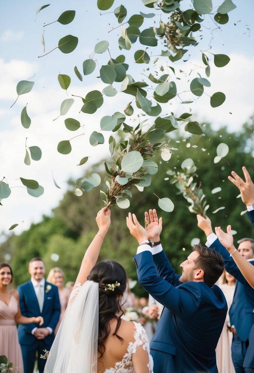 Eucalyptus leaves swirling in the air as guests toss them in celebration at a wedding