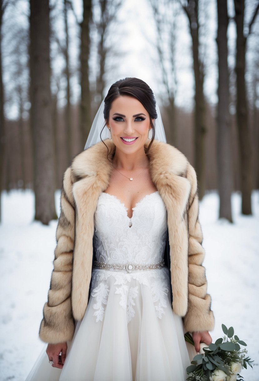 A bride wearing a faux fur bridal coat over her wedding dress, standing in a snowy forest