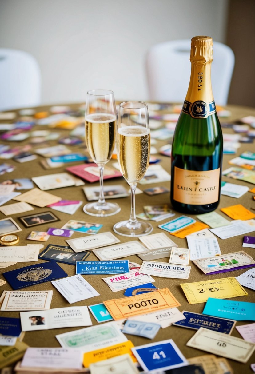 A table covered in photos, tickets, and mementos from past anniversaries. A champagne bottle with two glasses sits nearby