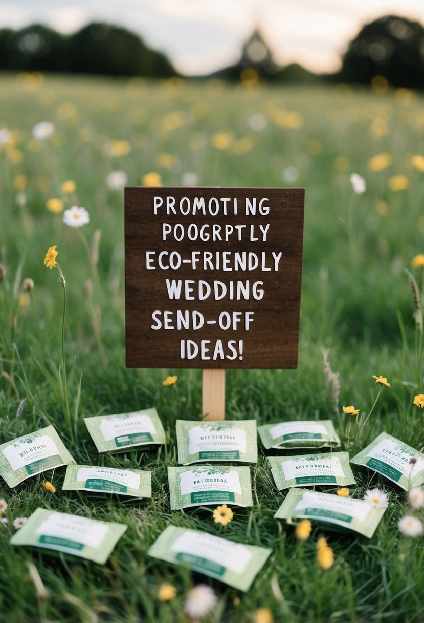 Wildflower seed packets scattered across a grassy field, with a rustic wooden sign promoting eco-friendly wedding send-off ideas