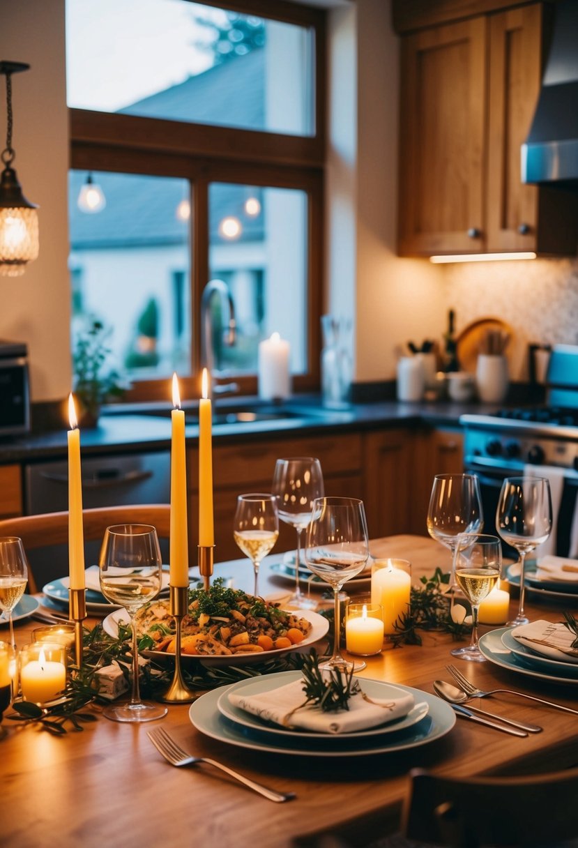 A beautifully set table with candles, wine glasses, and a gourmet meal being prepared in a cozy kitchen for a 16th wedding anniversary celebration