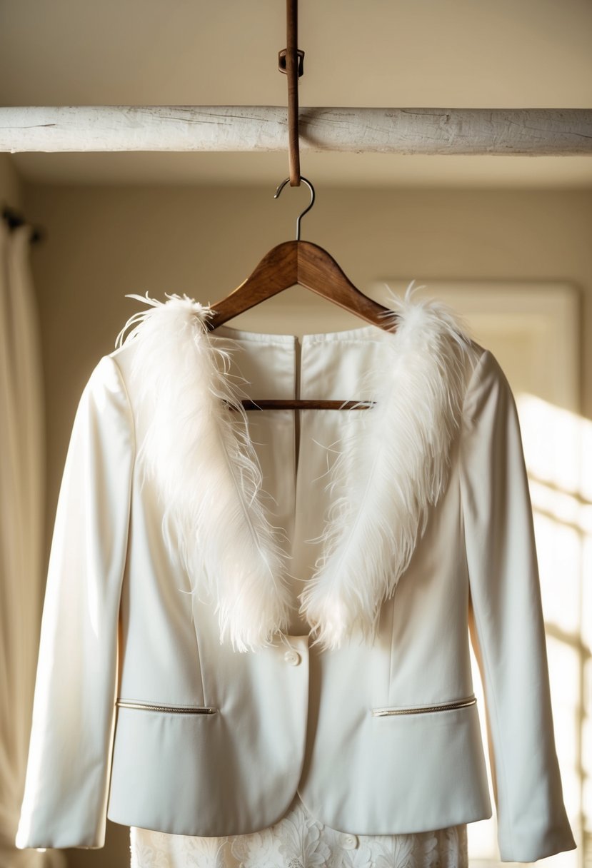 A white wedding dress jacket with delicate feather trim hangs on a rustic wooden hanger in a sunlit room