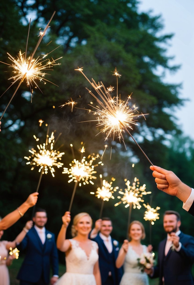 A group of eco-friendly sparklers glowing brightly as they are waved in the air during a wedding send-off, creating a magical and sustainable atmosphere