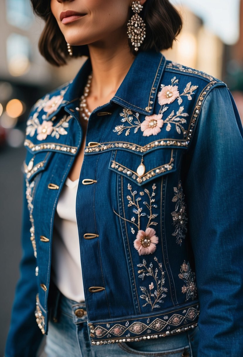 A denim jacket adorned with intricate embroidery, featuring delicate floral patterns and shimmering beads