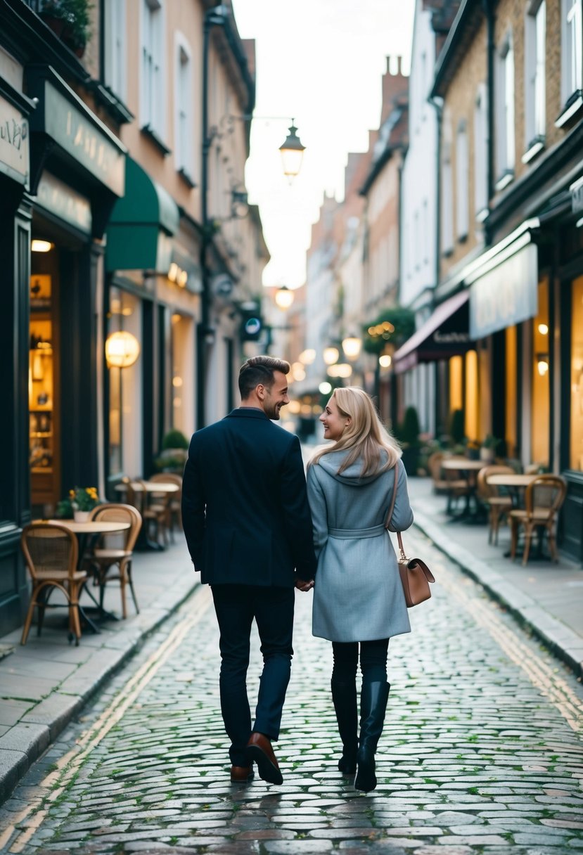 A couple strolling through a charming cobblestone street, lined with quaint shops and cafes, under the soft glow of street lamps